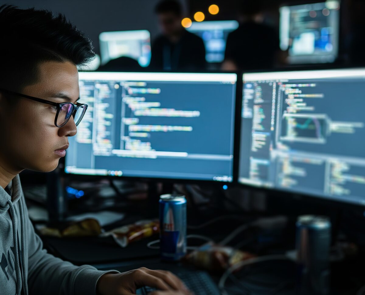 Developer building custom software on multiple screens